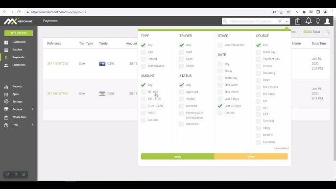 MX Merchant export reports — payment data export and analytics dashboard