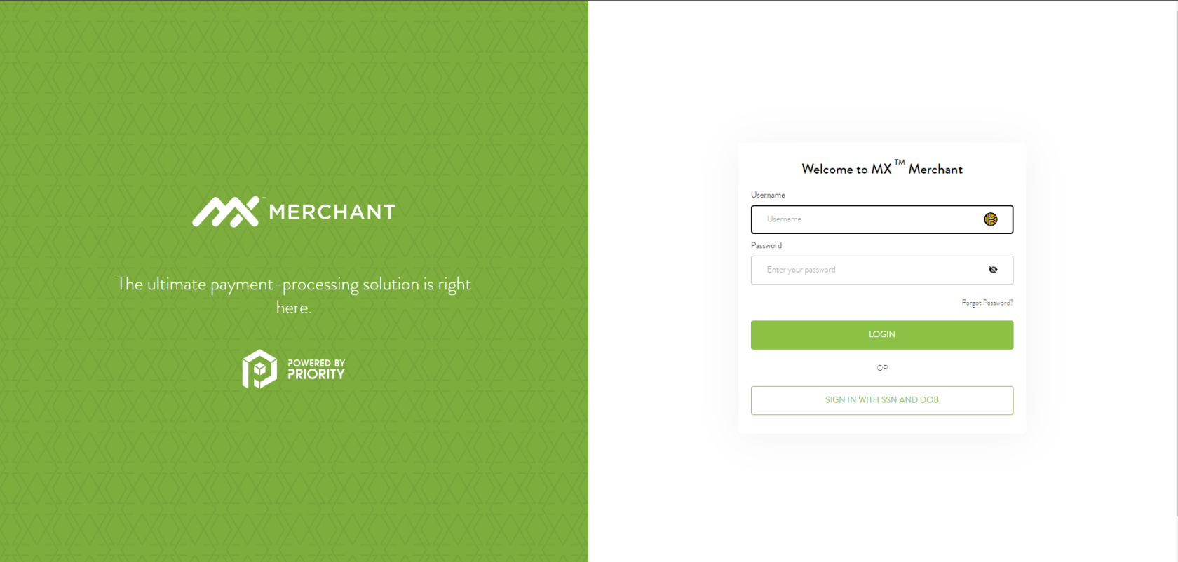 MX Merchant login screen — merchant portal accessed by businesses boarded through MX ISO Agent