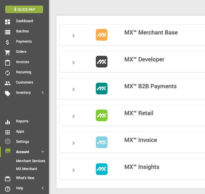 MX Merchant portal dashboard — transaction management and reporting for Priority Payment Systems merchants